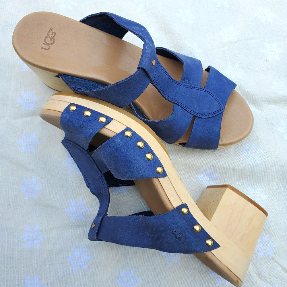 UGG blue suede and wooden clog sandals